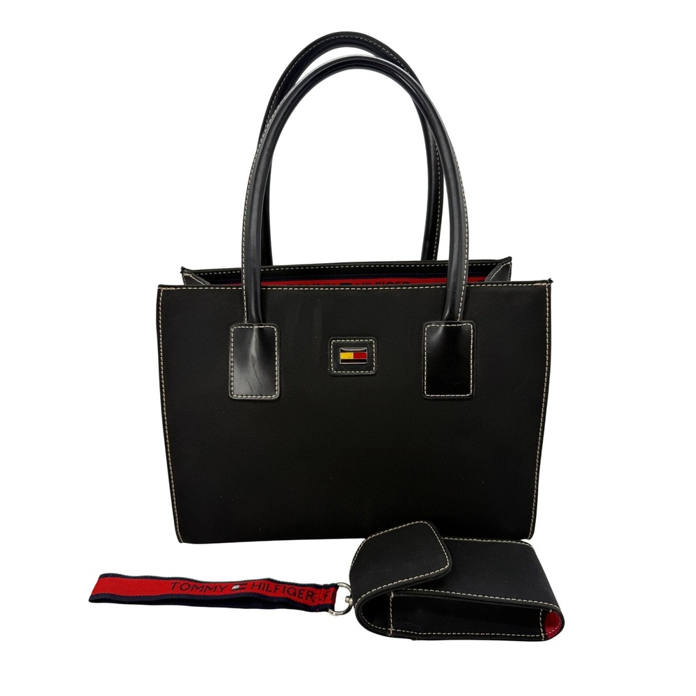 Tommy Hilfiger Black Canvas Tote Bag Red Accessory‎ Pouch Vintage Purse Y2K